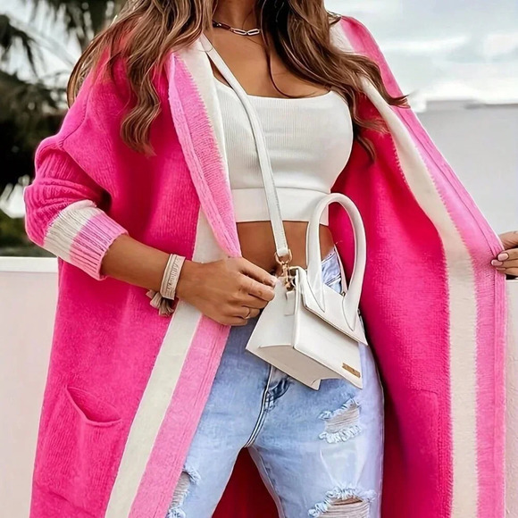 Sweaters - Hot Pink Casual Women's Stylish Contrast Color Hooded Knit Cardigan
